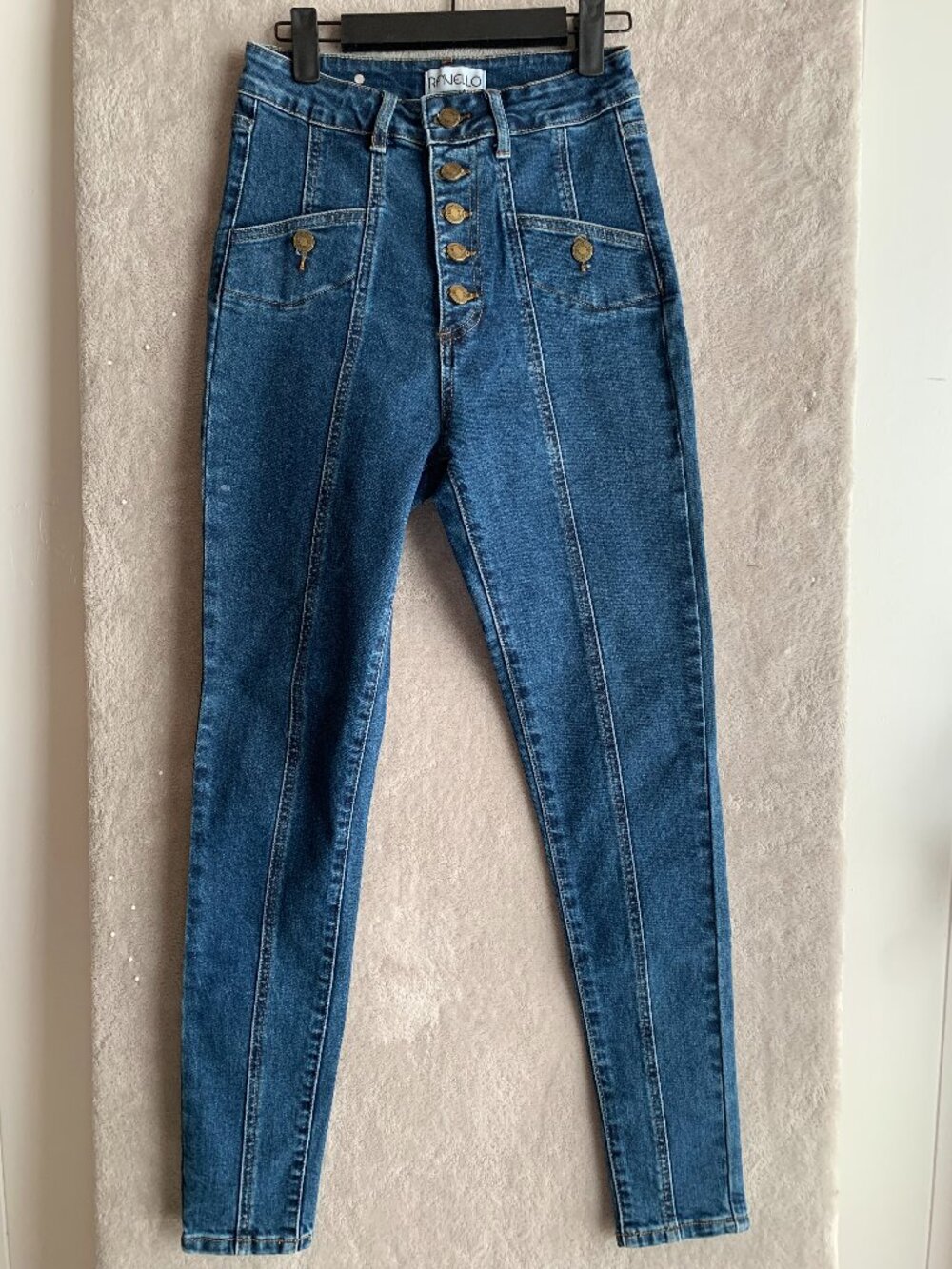 Ravello High Rise Button Fly Jeans • Size 26 • Stretch Denim • Straight Leg • 28